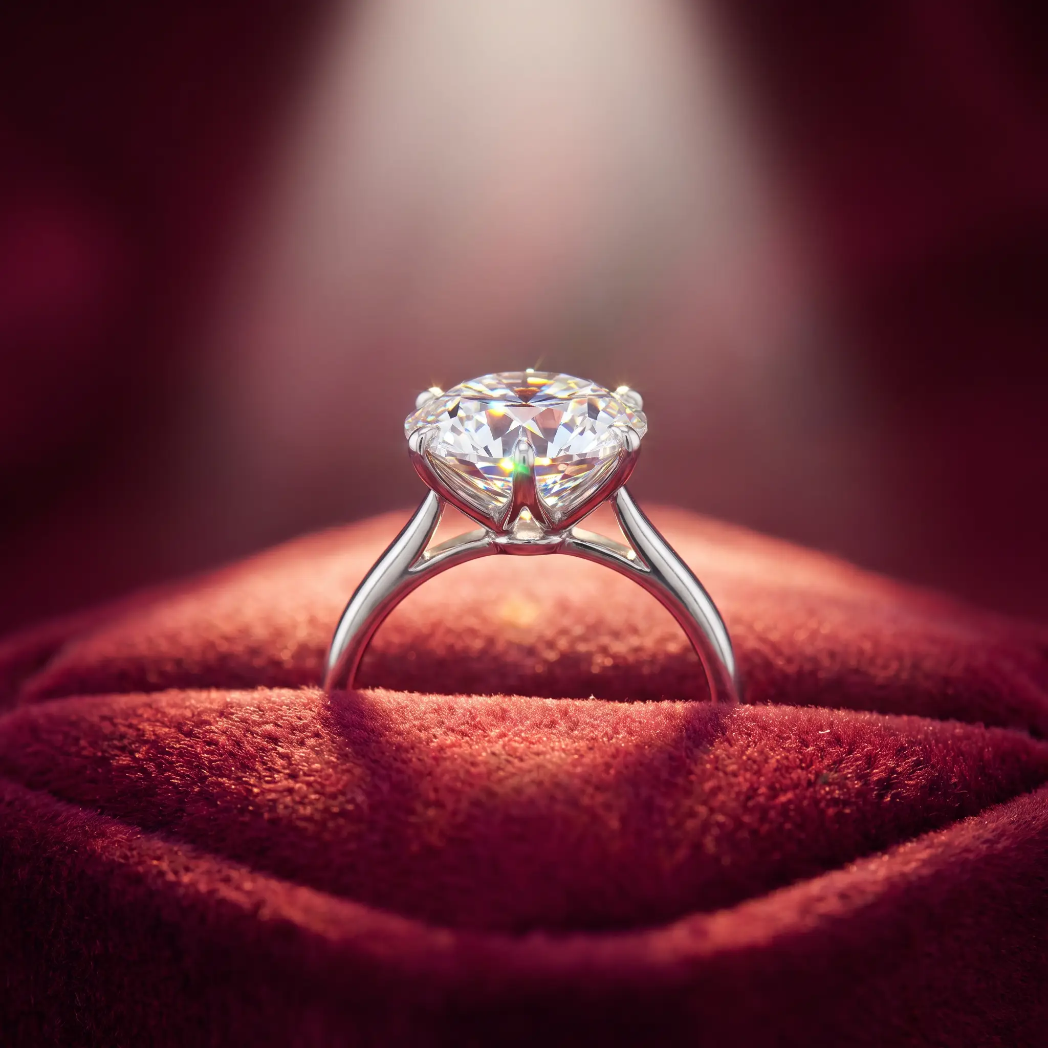 Anillo de diamantes sobre terciopelo rojo con brillos
