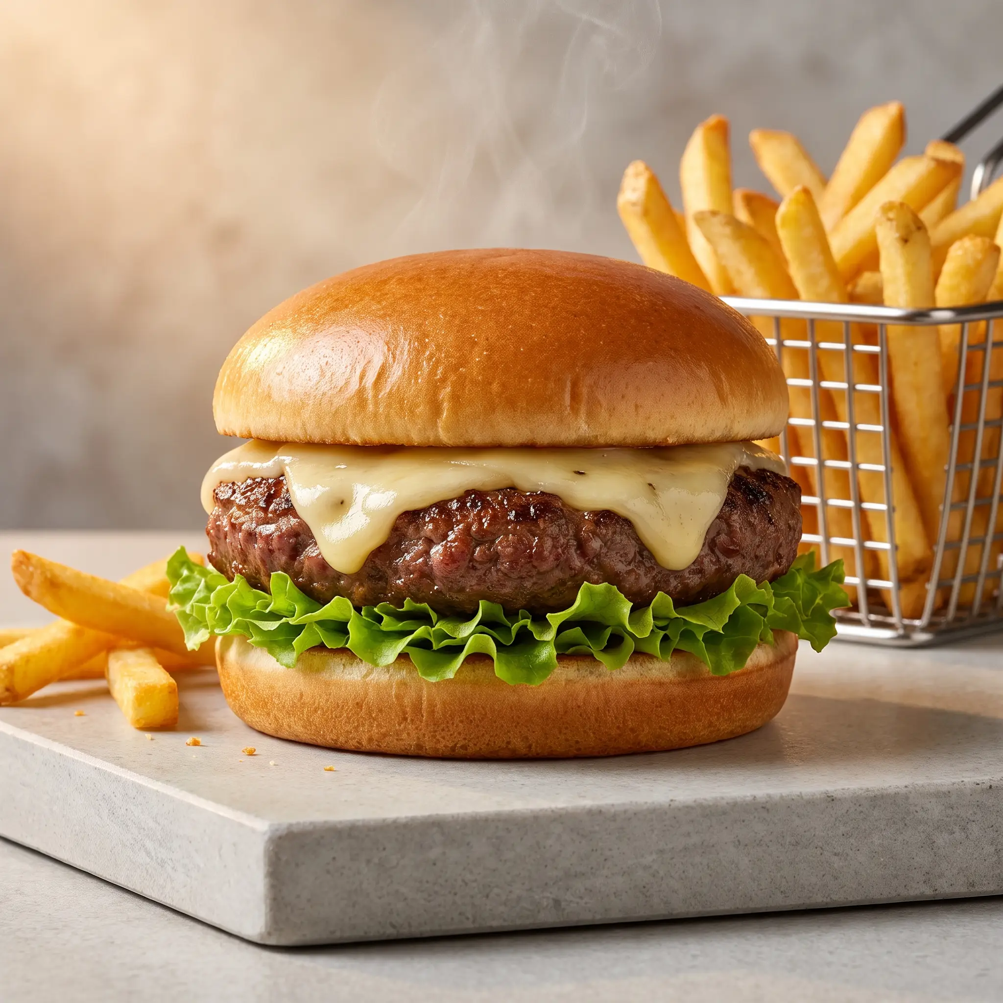 Hamburguesa gourmet con papas fritas y vapor