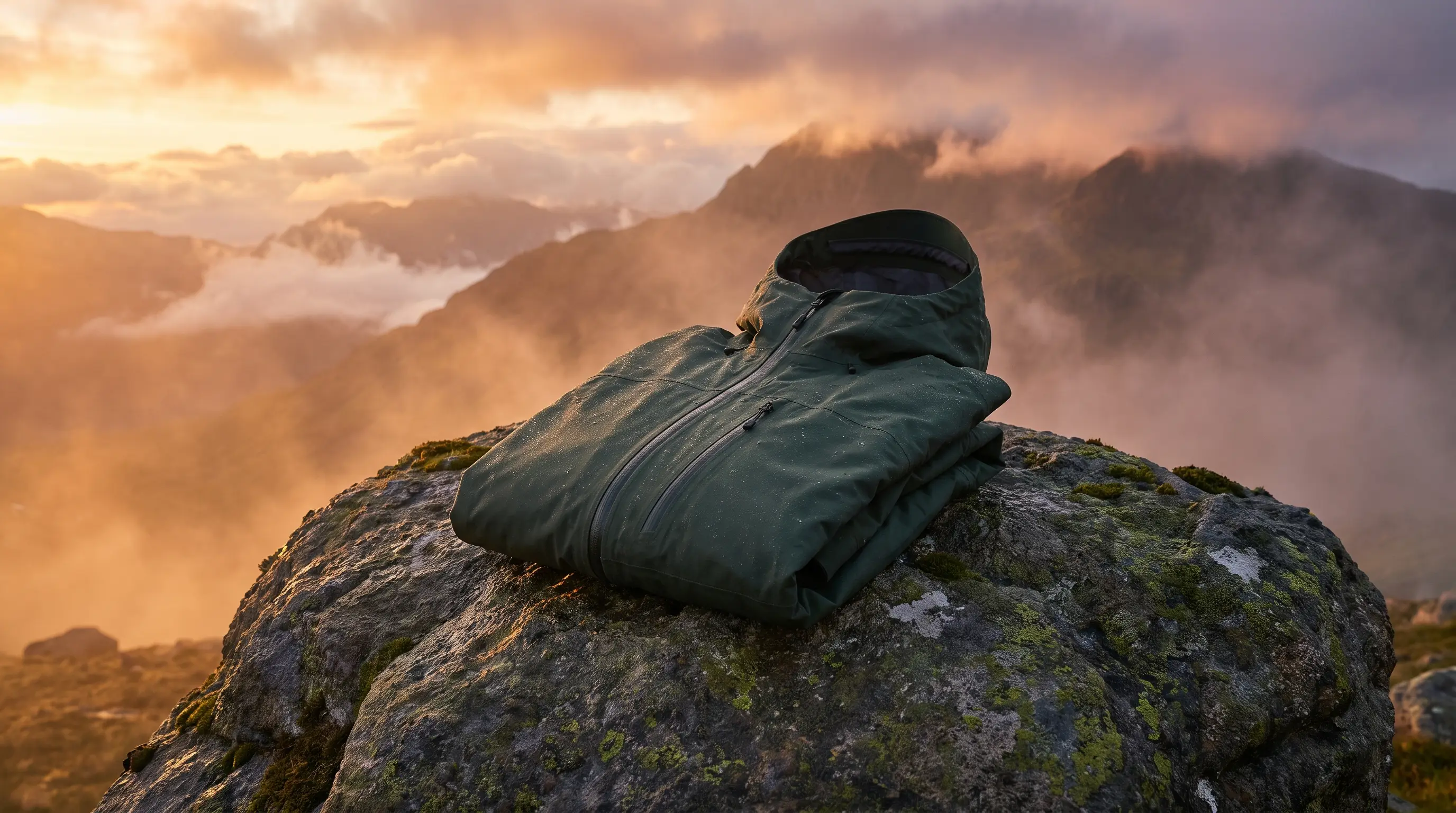 Chaqueta técnica sobre una roca con montañas al amanecer