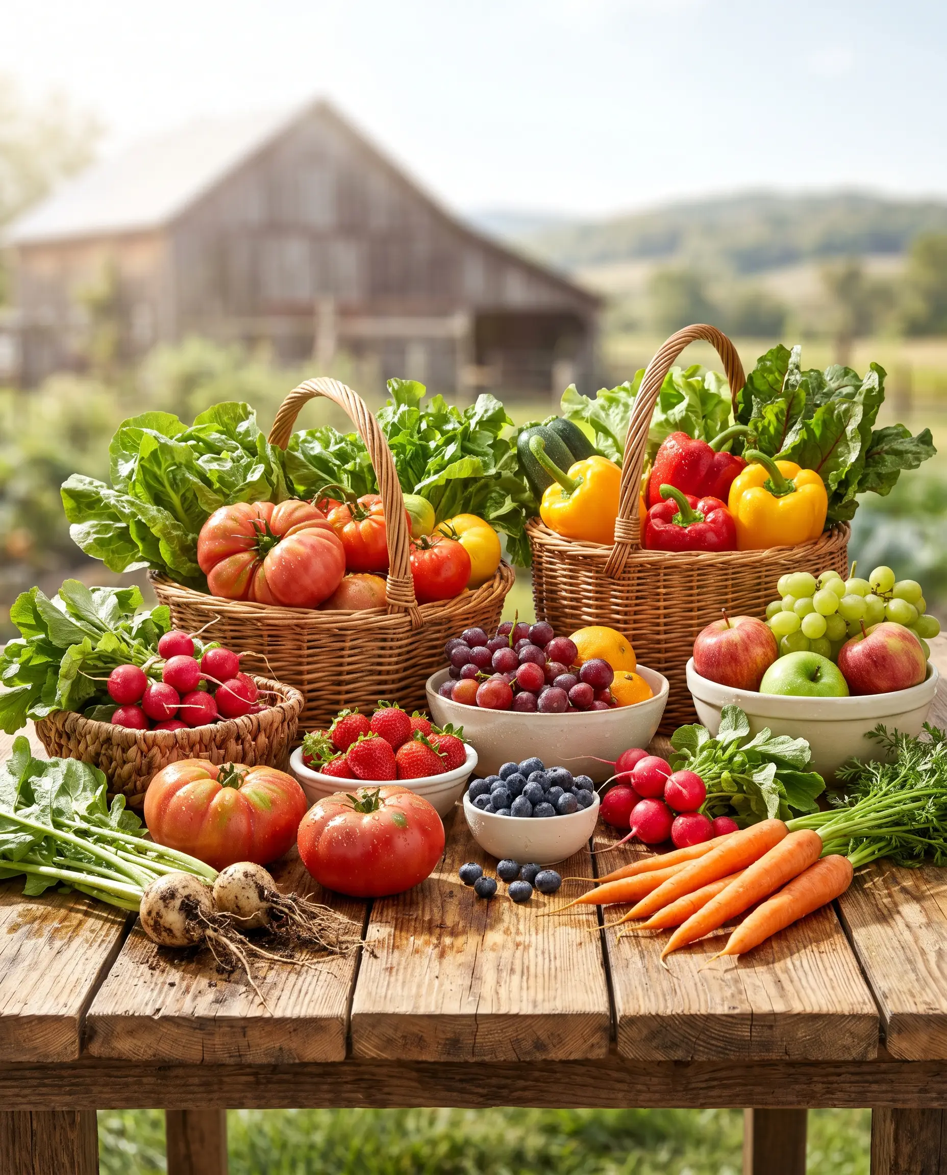 Vegetales y frutas frescas sobre una mesa de madera